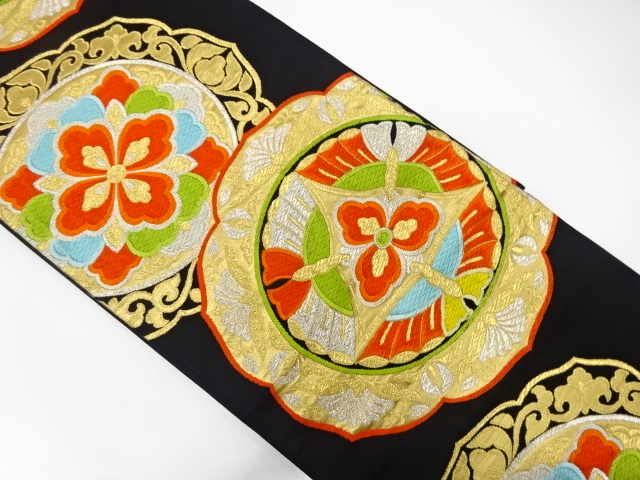 JAPANESE KIMONO / ANTIQUE FUKURO OBI / SILK / WOVEN FLORAL CREST & BUTTERFLY